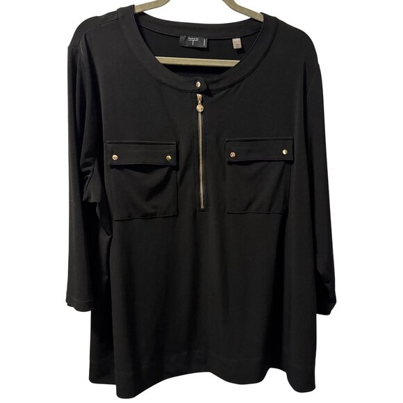 Tahari Woman Black 3/4 Sleeve Zip Front Top Sz 2X blouse - Picture 9 of 12